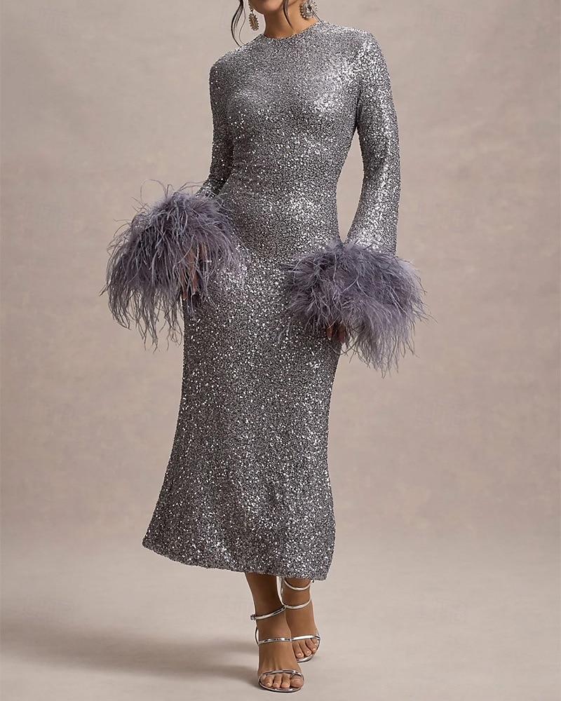 Abito da Sera Sirena  Tromba Elegante Abito Formal Semi Formale Gala Dress Matrimonio Lunghezza Piena Manica Lunga Collo Giro Stretch Paillettato con Maniche in Piuma del 2025 a $145.99 –P9