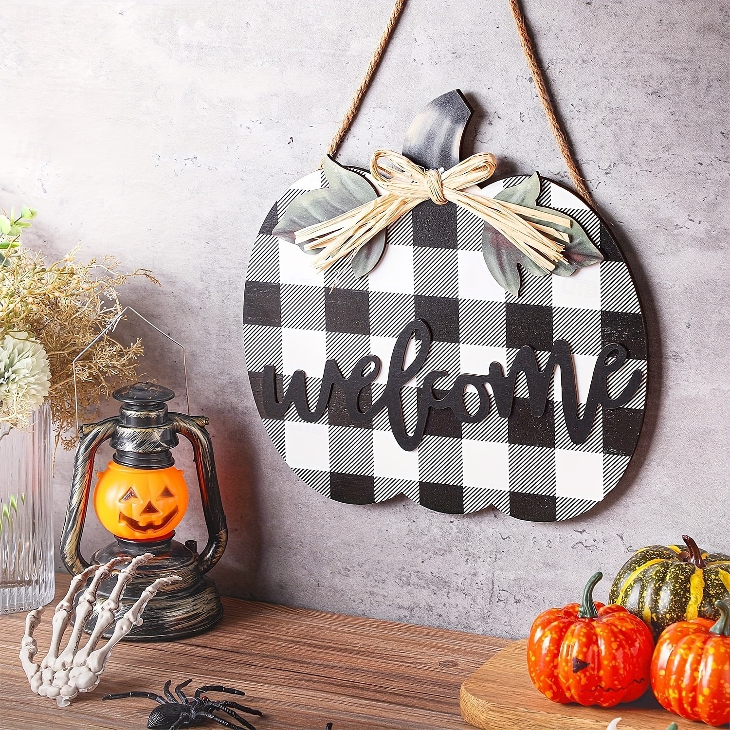 Őszi üdvözlő fa ajtófogas, halloween hálaadás tök 3D kockás bejárati ajtótábla, rusztikus függő verandakoszorú őszi lakberendezés 2025 - $12.99 –P6