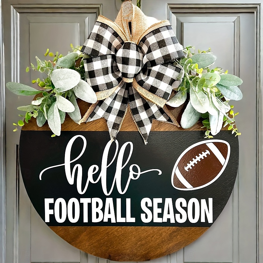 Cartello per porta con scritta "Ciao stagione calcistica", cartello rustico in legno con fiocco per il benvenuto a una partita di football, ghirlanda per porta d'ingresso in stile fattoria per del 2025 a $12.99 –P3