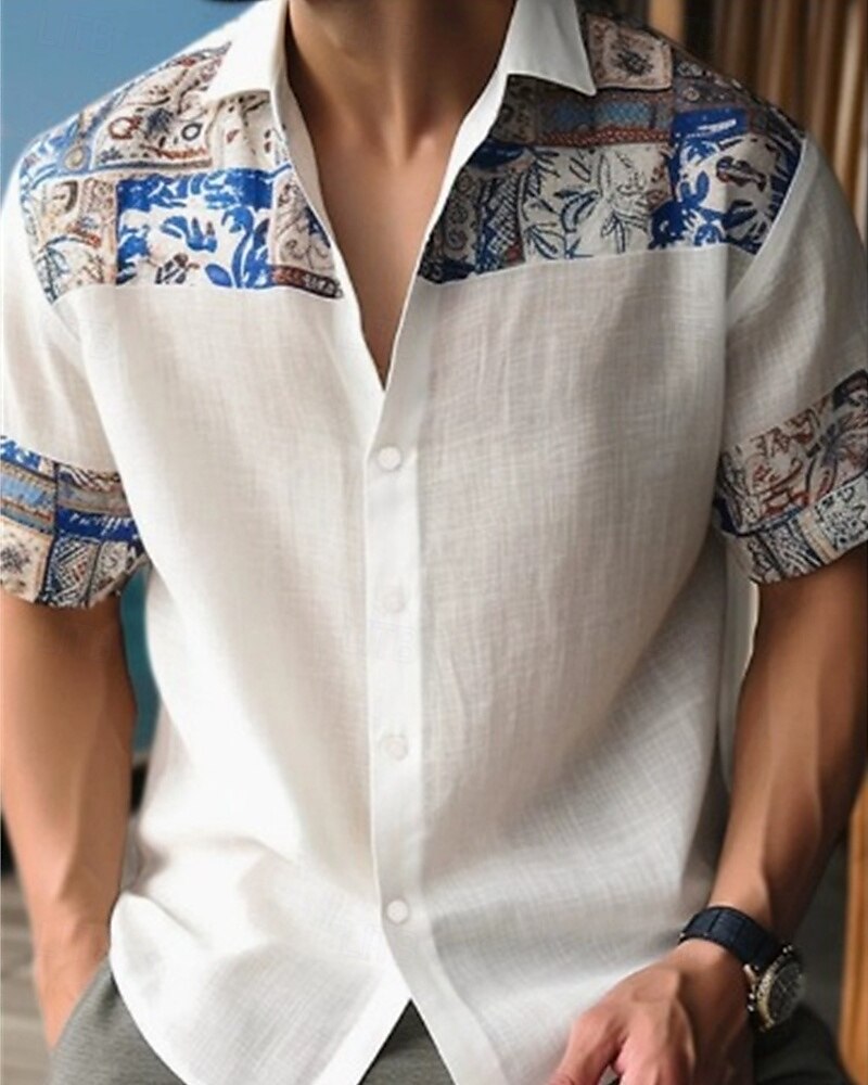Herren Hemd Sommerhemd Freizeithemd Strandhemd Knopfhemd Weiß Blau Dunkelblau Kurzarm Blatt Revers Urlaub Hawaiianisch Druck Bekleidung Polyester Mode Lässig Bequem 2025 - $17.49 –P3