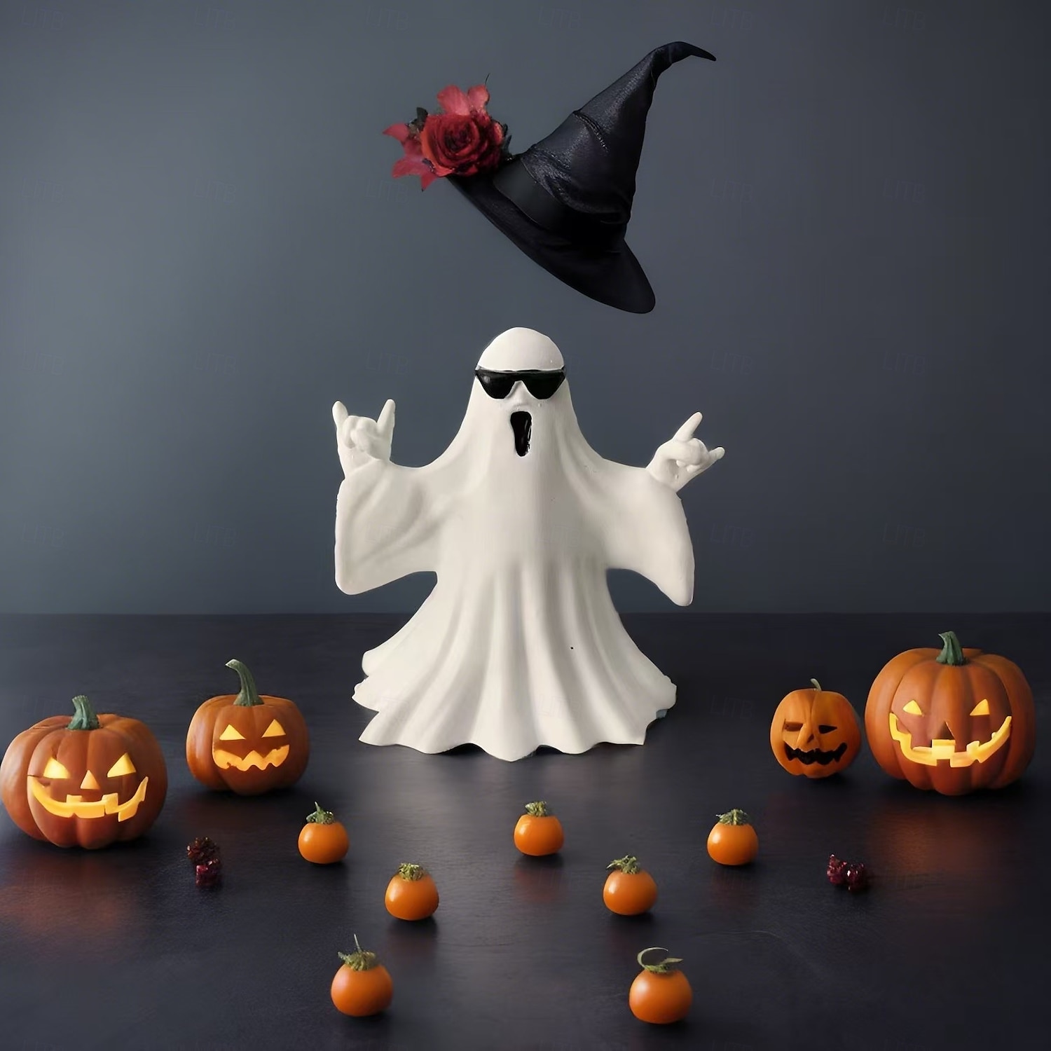 lustiges Mittelfinger-Geist-Halloween-Dekor, süße Geisterfigur aus Kunstharz mit Herz-Handzeichen, gruseliges Tischornament für die Party-Ausstellung zu Hause 2025 - $15.99 –P5
