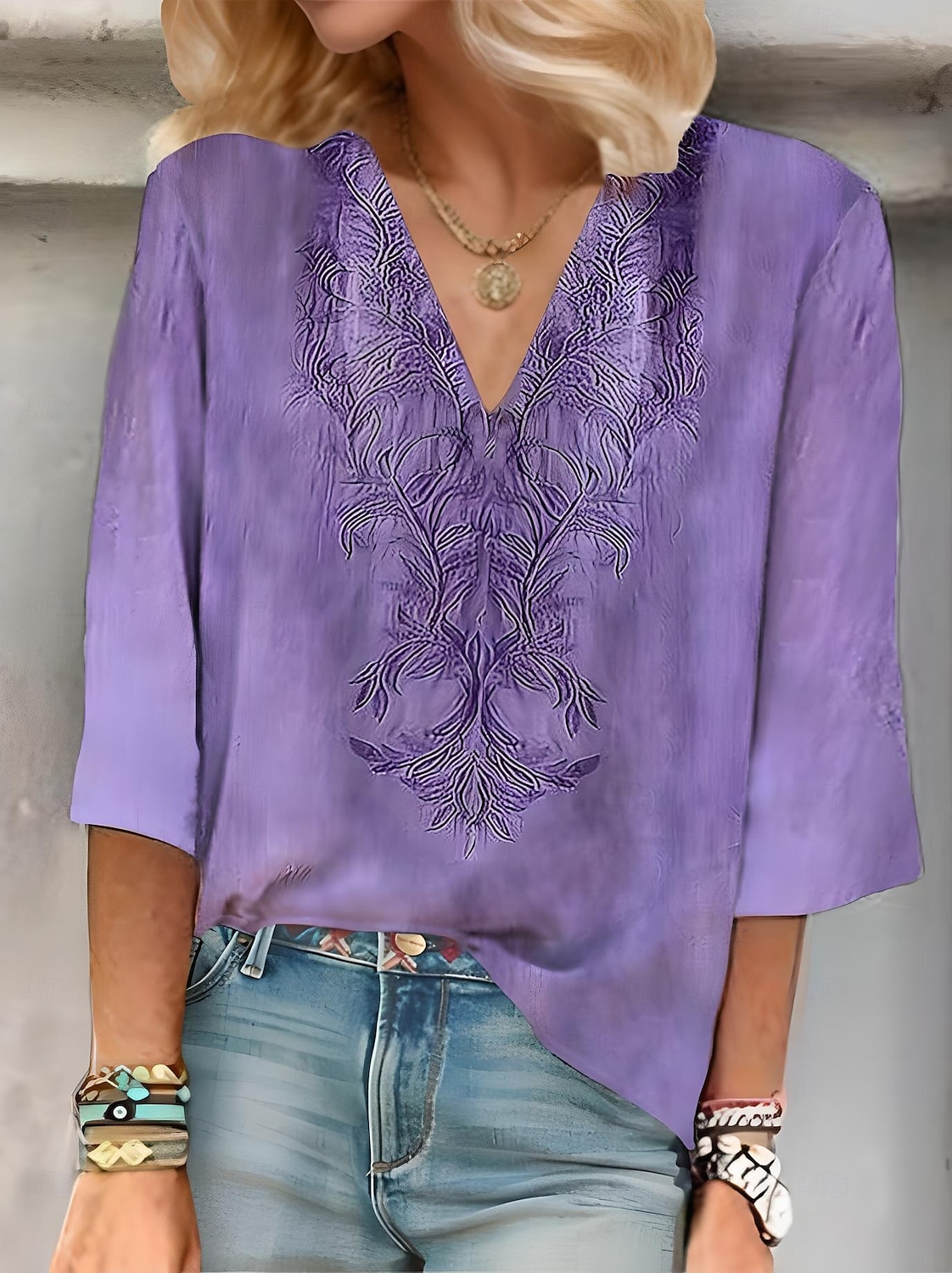 Mujer Blusa Floral Graphic Elegante Casual Estilo playero Manga 3/4 Escote en Pico Tops regulares Diario Festivos Noche Frunce Bordado Estampado Rosa Morado Verde Trébol Verano Primavera 2025 - $25.99 –P1
