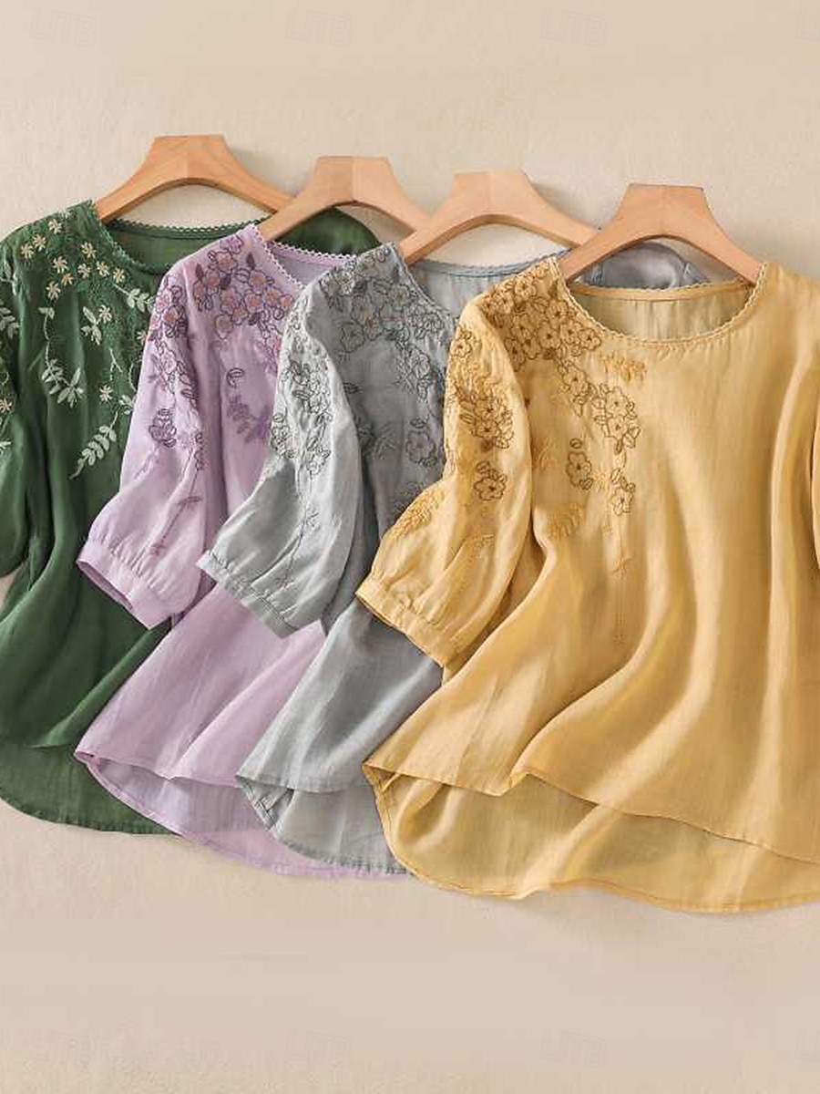 Femmes Chemises en coton et lin Couleur Unie Basique Occasionnel Manche 3/4 Col ras du cou Hauts Réguliers Quotidien Broderie Jaune Violet Vert Gris Été de 2025 ? $25.99 –P1