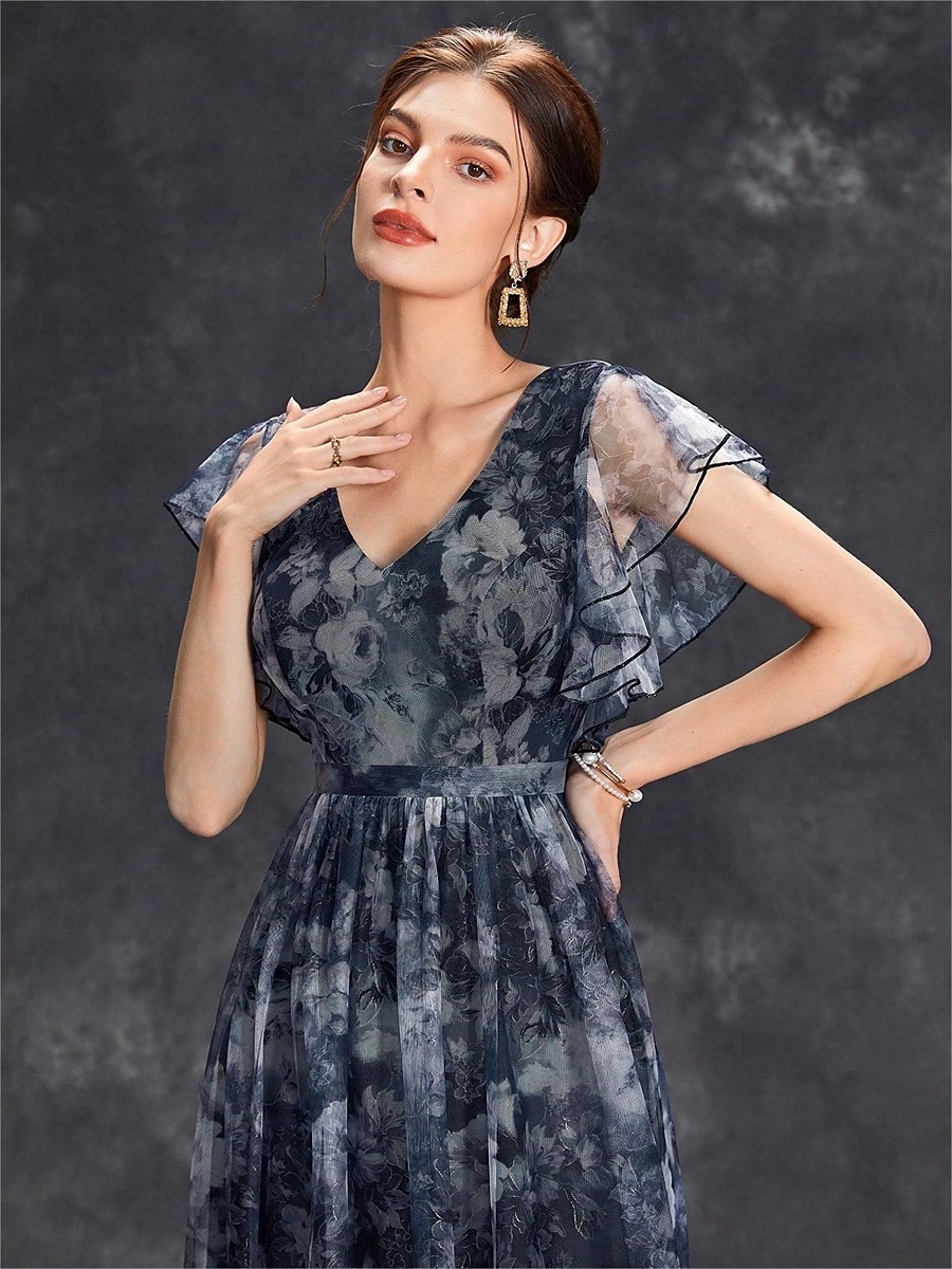 Abiti Quinceanera A-Line abito elegante formale lungo senza maniche scollatura a V in chiffon con stampa floreale del 2025 a $79.99 –P23