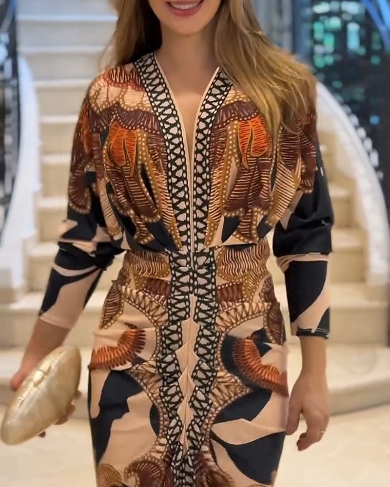 Femmes Robe Midi Robe Portefeuille Vacances Occasionnel Boho Extérieur Sortir Plage Coupe Ample Fleuri Graphique Paisley manche longue Col en V Orange Été Printemps de 2025 ? $41.99 –P2