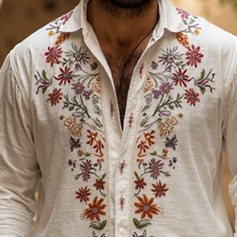 Herren Hemd Sommerhemd Freizeithemd Strandhemd Knopfhemd Weiß Langarm Blumen Revers Urlaub Hawaiianisch Druck Bekleidung Polyester Mode Lässig Bequem 2025 - $19.49 –P2