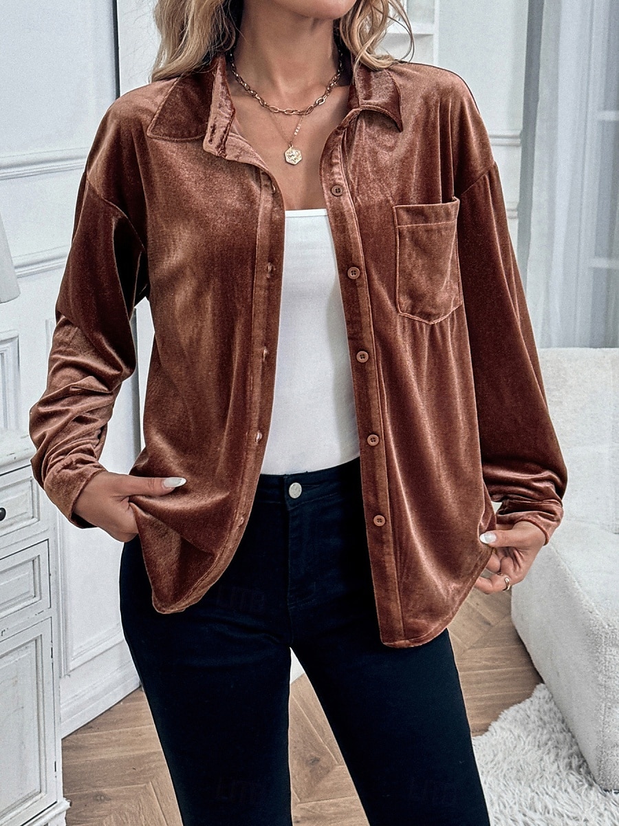Damen Hemd Einfarbig Elegant Stilvoll Lässig Langarm Hemdkragen Normale Oberteile Täglich Knöpfe Rote Blau Braun Grün Sommer Frühling 2025 - $32.99 –P14