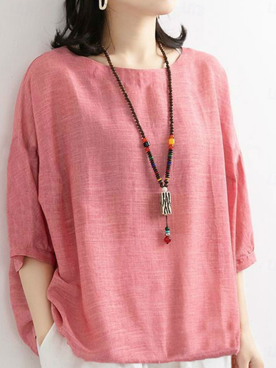 Femmes Chemise Couleur Unie Élégant Occasionnel Manche 3/4 Col ras du cou Hauts Réguliers Quotidien Rose Claire Bleu Violet Vert Été Printemps de 2025 ? $3.99 –P4