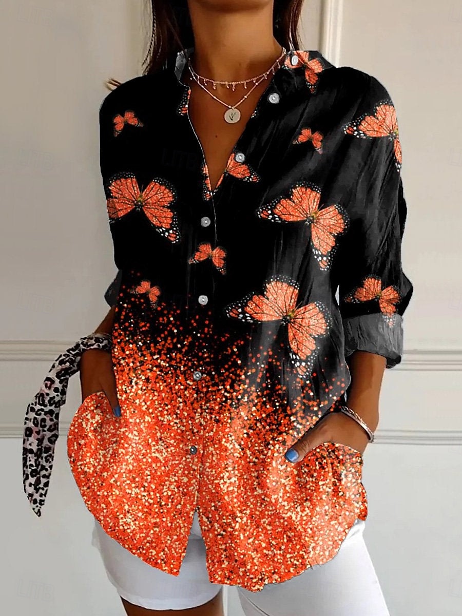 Dámská košile button down tunika s límečkem dlouhým rukávem ombre grafický motýl denní stylové ležérní pravidelné topy denní dovolené potisk růžový modrý fialový oranžový šedý jaro 2025 - $33.99 –P5