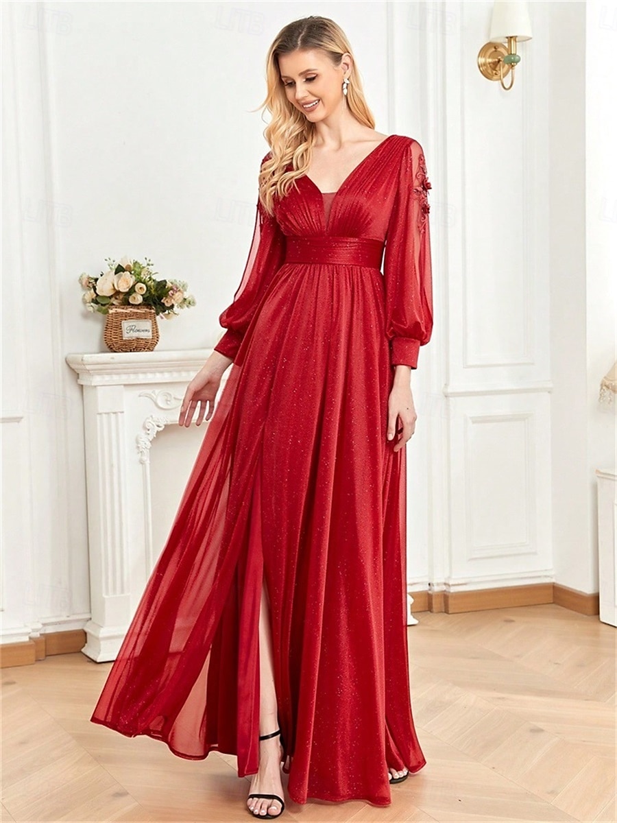 A-vonal Quinceanera Ruhák Elegáns Ruha Formális Esküvői Padló Hosszúságú Hosszú Ujjú V Nyak Sifon V Hátsó Ráncokkal Hasítékkal 2025 - $99.99 –P10