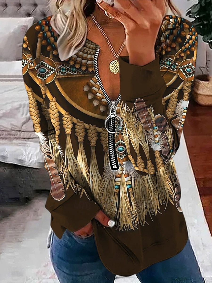Svetr s čtvrtovým zipem pro ženy tribal ležérní dlouhý rukáv kulatý výstřih běžné kusy každodenní nošení potisk hnědý podzim zima 2025 - $27.99 –P1
