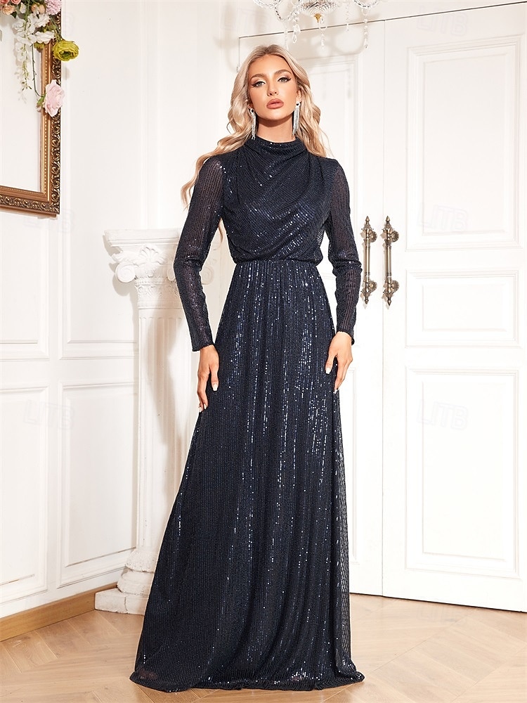 A-Linie Stretch Pailletten Meerjungfrau / Trompete Abendkleid elegantes Kleid formelle Hochzeit bodenlang Langarm Stehkragen Rollkragen mit Drapierung 2025 2025 - $139.99 –P2