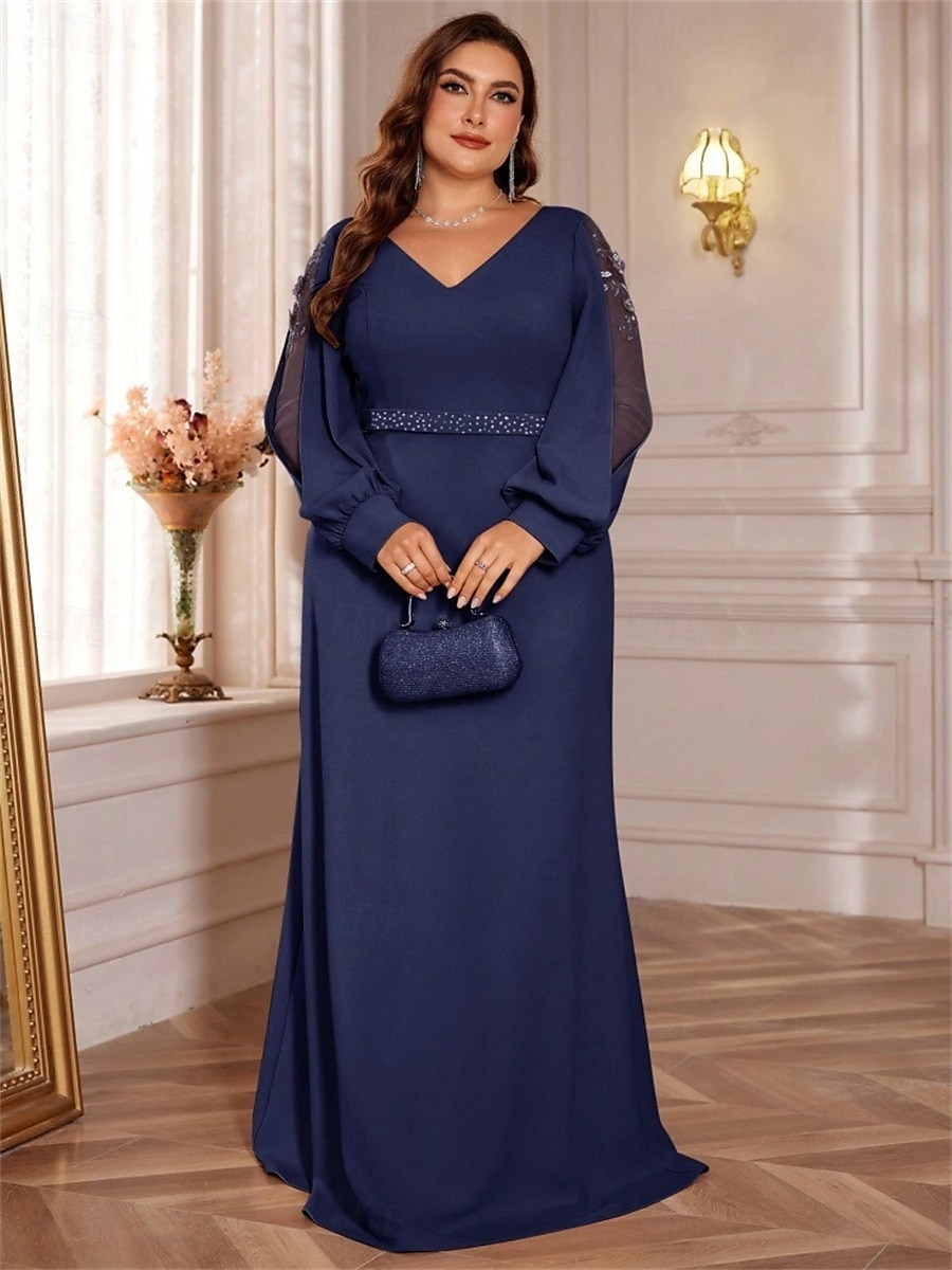 A-vonalú Plus Size Ruhák Elegáns Görbületű Ruha Formális Esküvő Padló Hosszú Hosszú Ujjú V Nyakú Chiffon Gyöngyökkel 2025 - $109.99 –P20