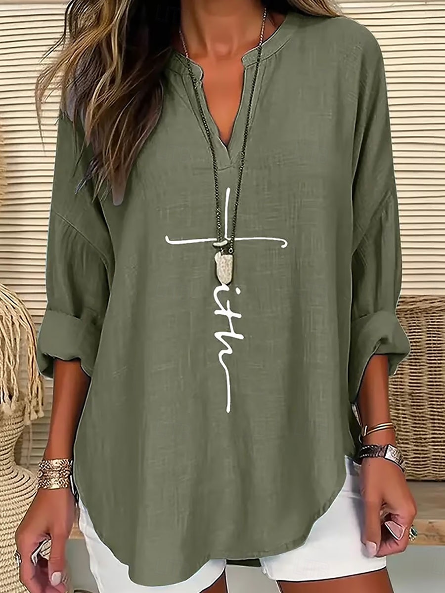 Femmes Chemisier Graphique Lettre Élégant ancien Tropical manche longue Col en V Hauts Réguliers Quotidien Fête Imprimé Noir Bleu Violet Vert Beige Été Printemps Automne de 2025 ? $24.99 –P3