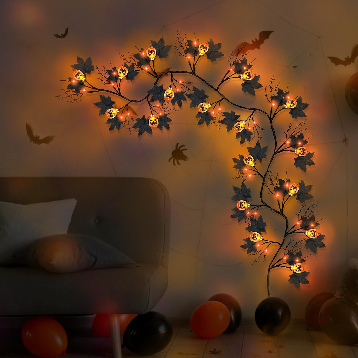 1.8M/6Ft 54 LED Beads Halloween String Lights Black Willow Lantern Pumpkin Bat Maple Leaf Wall Desktop Halloween Party Atmosphere Decorative Light AAA Waterproof Battery Box 2025 - $26.99 –P6