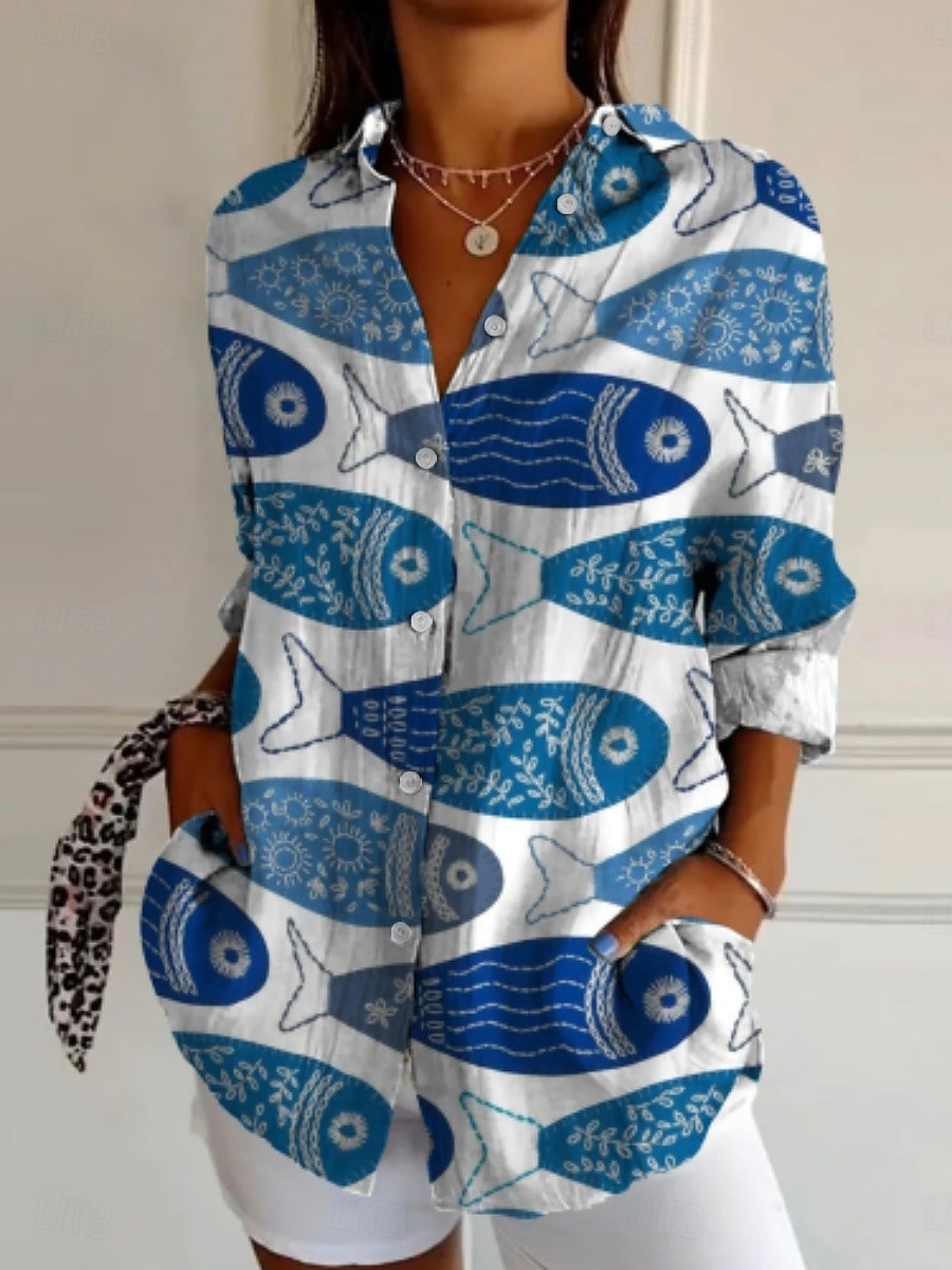 Dames Overhemd Bloemig Grafisch Actief Dagelijks Stijlvol Lange mouw Overhemdkraag Normale tops Dagelijks Feestdagen Knop Afdrukken Wit Rood Marineblauw blauw Khaki Lente Herfst 2025 - $25.99 –P5