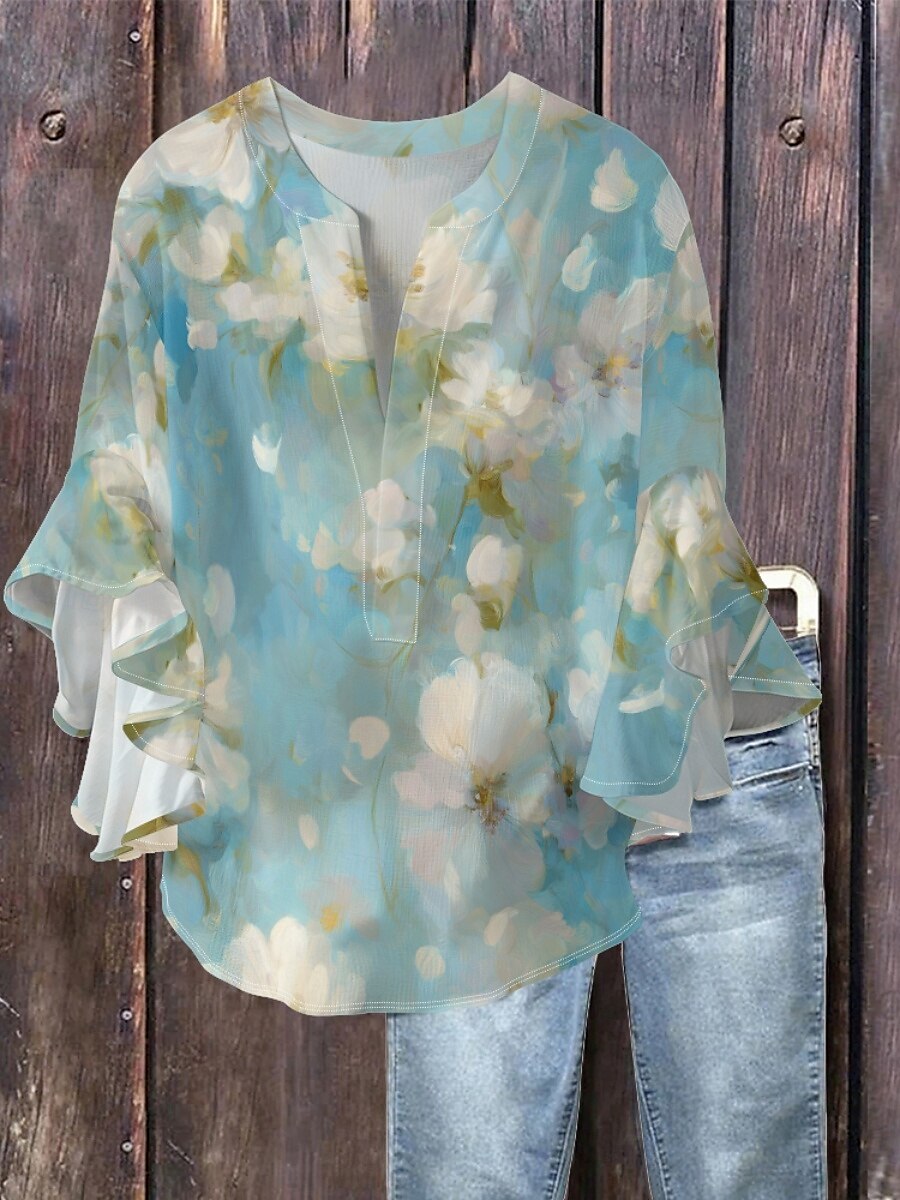 Dame Bluse Blomstret Stilfull Moderne 3/4 ermer V-hals Vanlige topper Daglig Ferie Drapering Trykt mønster Lysegrønn Blå Grønn Grå Lyseblå Sommer 2025 - $22.99 –P5