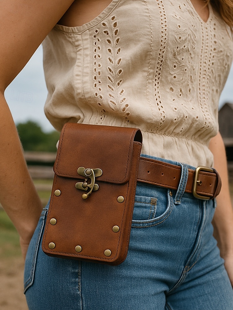 Bohemisk westernmidjeväska i konstläder för kvinnor med vintagespänne, retro nitdetaljer och handsfree-telefonhållare, lämplig för festivaler, resor och dagligt utomhusbruk 2025 - $19.99 –P1