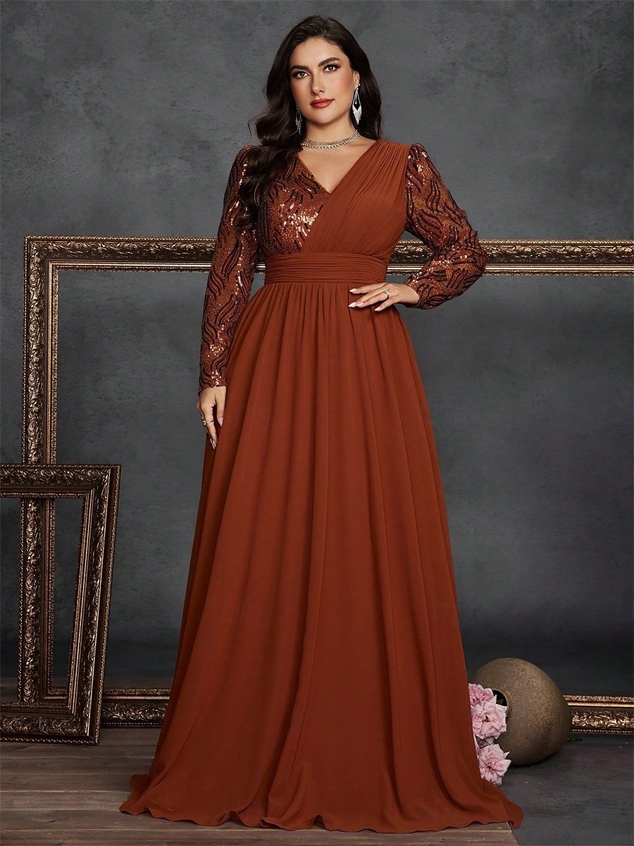 A-Line Plus Size Dresses Elegant Curve Dress Formal Wedding Floor Length Long Sleeve V Neck Chiffon with Sequin 2025 - $119.99 –P21