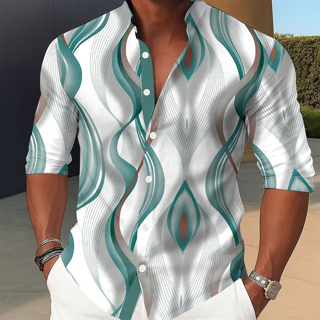 Men's Geometric Gradient Lines / Waves Shirt Stand Collar Shirt Casual Dress Shirt Long Sleeve Business Casual Vacation Home Daily Summer Spring Mandarin Collar Band Collar 3D Print Button Up Shirts 2025 - $25.99 –P2