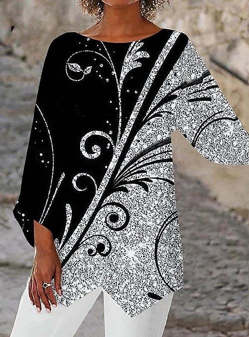 Mulheres Blusa Imprimir Barra Assimétrica Borboleta Imprimir Diário à moda Manga Longa Gola Redonda Tops regulares Diário Feriado Prata Preto e cinza Preto Verão Primavera de 2026 por $25.99 –P3