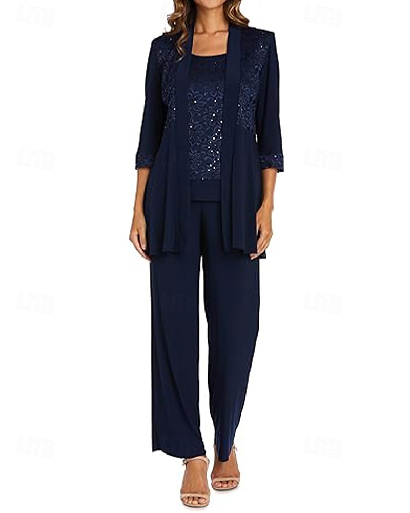 Overall / Hosenanzug Dreiteilig Hosenanzug Brautmutterkleid Elegant Vintage Einfach U-Boot-Ausschnitt Knöchellänge Stretch Chiffon Halbarm mit Spitze Paillette Stickerei 2025 2025 - $129.99 –P6