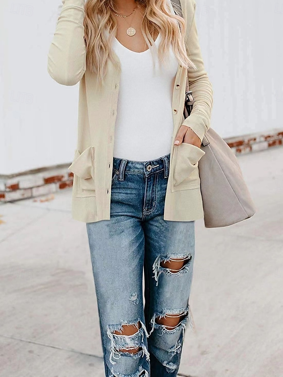 Dames Vrijetijdsjas Ademend Comfortabel Knop Zak Casual Effen Vakantie Straat Casual Alledaagse kleding Enkele rij knopen Normaal V-hals Normale pasvorm Lange mouw bovenkleding Wit Blozend Roze Khaki 2025 - $19.99 –P15