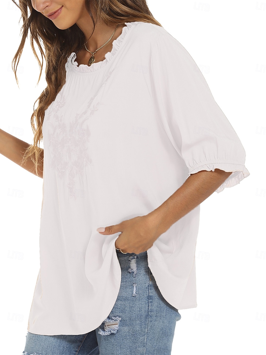 Damen Hemd Einfarbig Blumen Lässig Boho Dreiviertelarm Ellbogenärmel Rundhalsausschnitt Normale Oberteile Täglich Ausgehen Rüsche Bestickt Schwarz Weiß Rote Khaki Sommer 2025 - $24.99 –P3