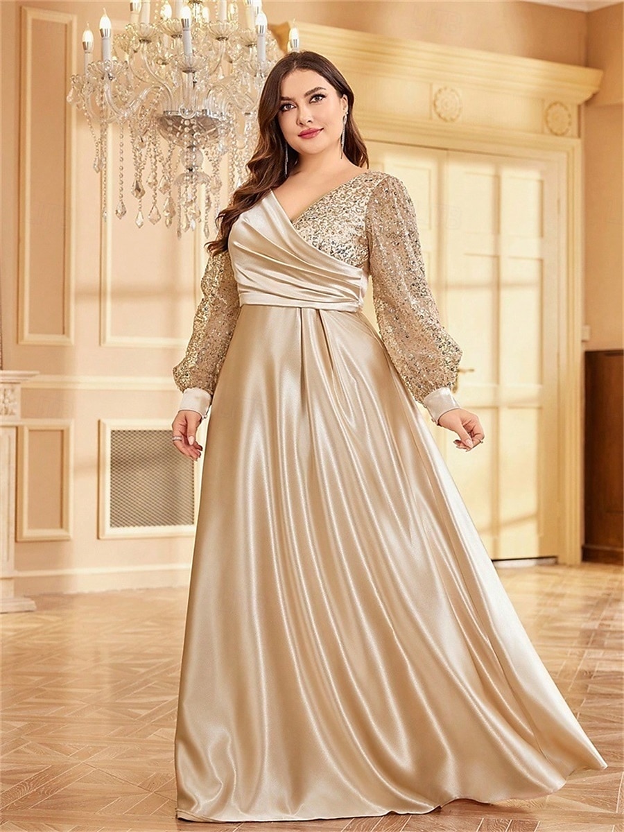 Robe A-Line Grande Taille Élégante Robe Courbe De Mariage Formelle Longue Au Sol Manches Longues Col en V En Polyester Avec Plis 2025 de 2025 ? $119.99 –P17