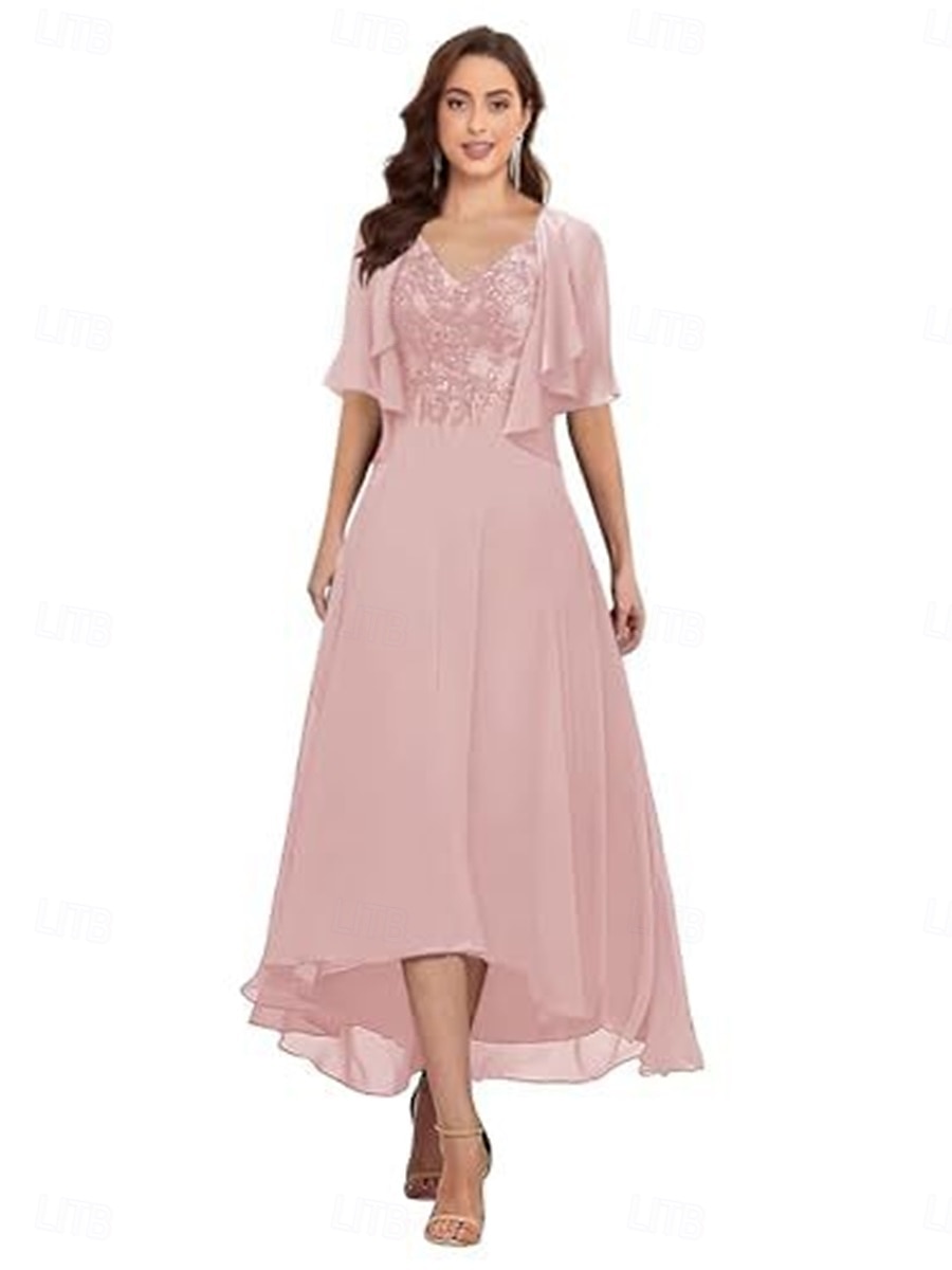 Ligne A Robe de Mère de Mariée  Élégant Simple Col en V Asymétrique Polyester Demi Manches avec Couleur Unie 2025 de 2025 ? $129.99 –P5