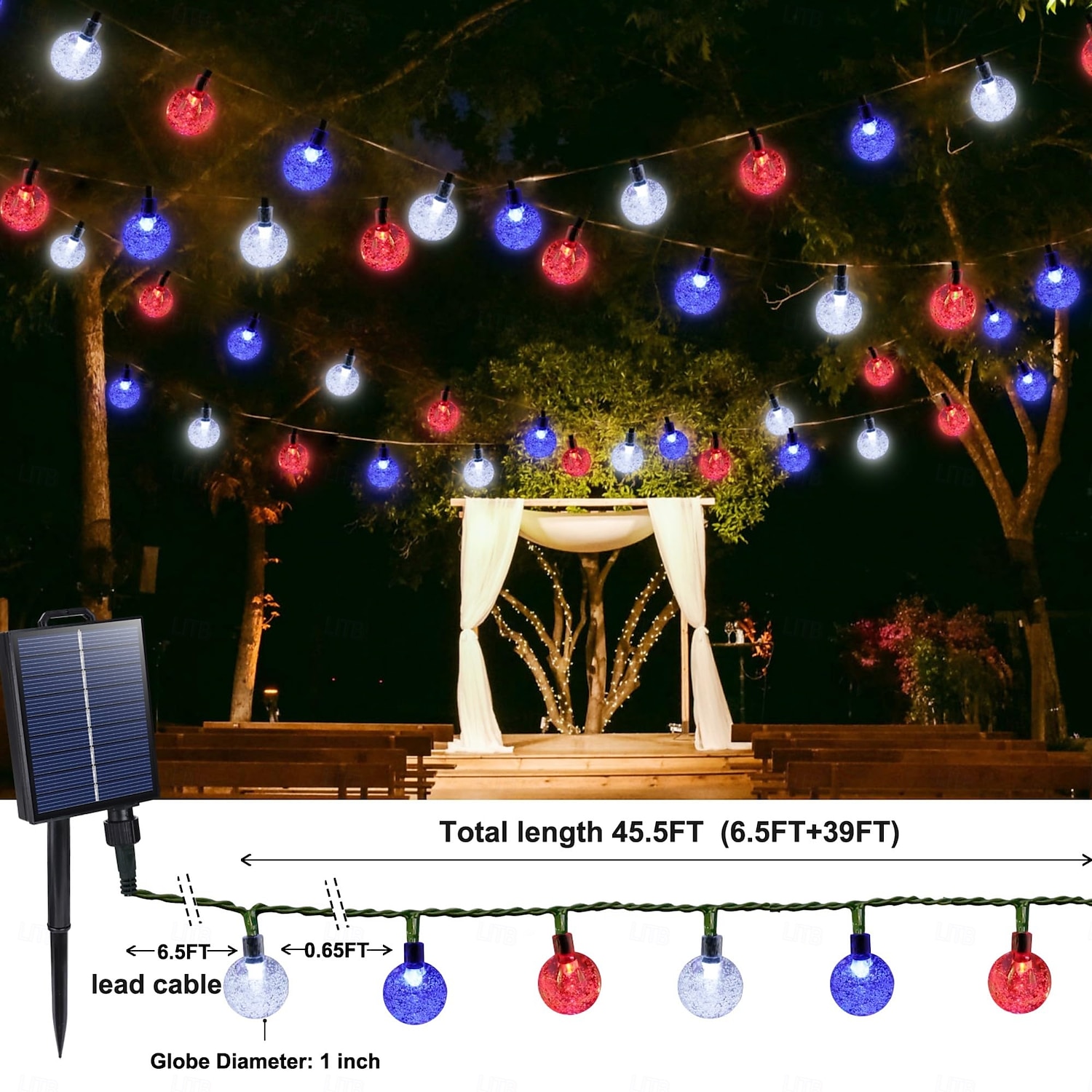 1 Pc Patriotic Solar String Lights 12M-100 LED, for 4th of July Independence Day 250th Anniversary Memorial Day, Red White Blue Bubble Ball Light String Party 2026 - $26.99 –P3