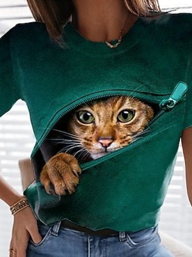 Femmes T-shirt Graphique Animal Chat ancien Élégant Classique Manche Courte Col ras du cou Col rond Hauts Réguliers Quotidien Week-end Imprimé Noir Blanche Bleu Dorée Vert Été Printemps de 2025 ? $19.99 –P7