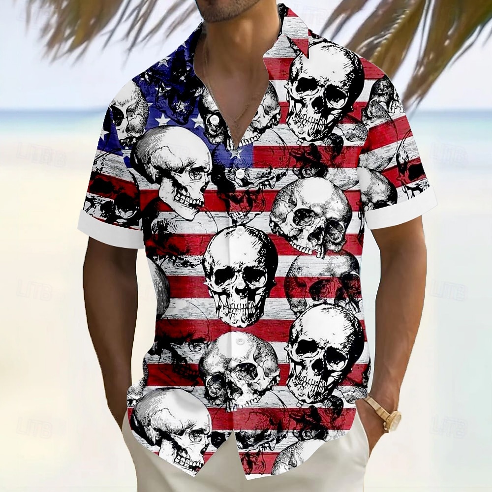 Independence Day Men's US Flag Patriotic Skulls Shirt Summer Shirt Button Up Shirt Short Sleeve Fashion Casual Outdoor Vacation Dailywear Summer Turndown 3D Print Linen Like Shirt White 2025 - $23.99 –P1