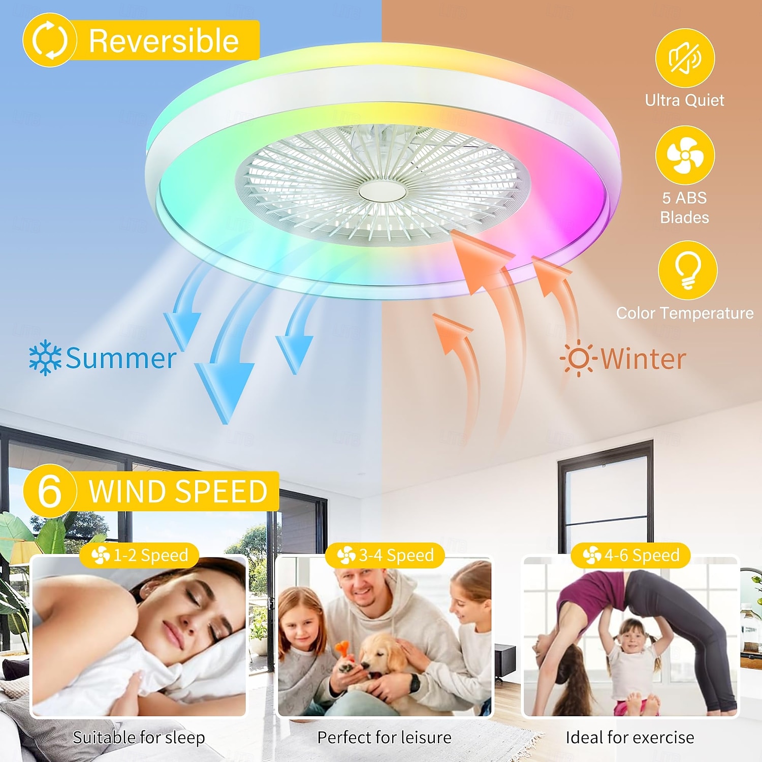 Ventilatore da soffitto senza pale con luce, ventilatore da soffitto a basso profilo, ventilatori da soffitto intelligenti RGB, telecomando Fandelier, lampadario moderno a filo chiuso del 2025 a $302.29 –P7