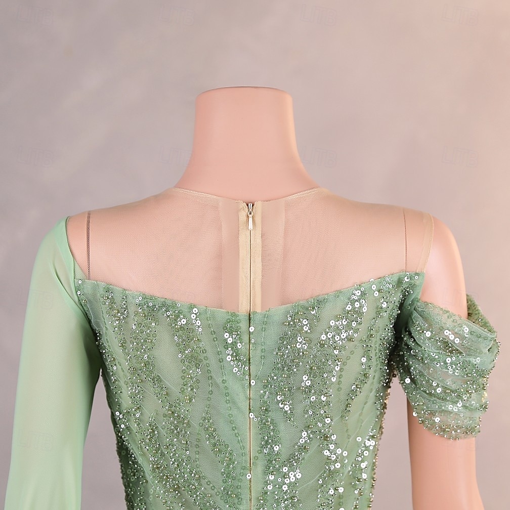 Vestido Elegante Sereia  Trompete Formal Casamento Comprimento do Chão Sem Mangas Decote Redondo Chiffon com Pérolas Lantejoula de 2025 por $355.29 –P2