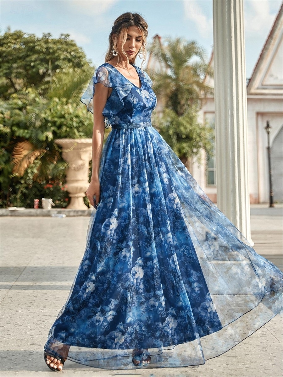 Abiti Quinceanera A-Line abito elegante formale lungo senza maniche scollatura a V in chiffon con stampa floreale del 2025 a $79.99 –P4