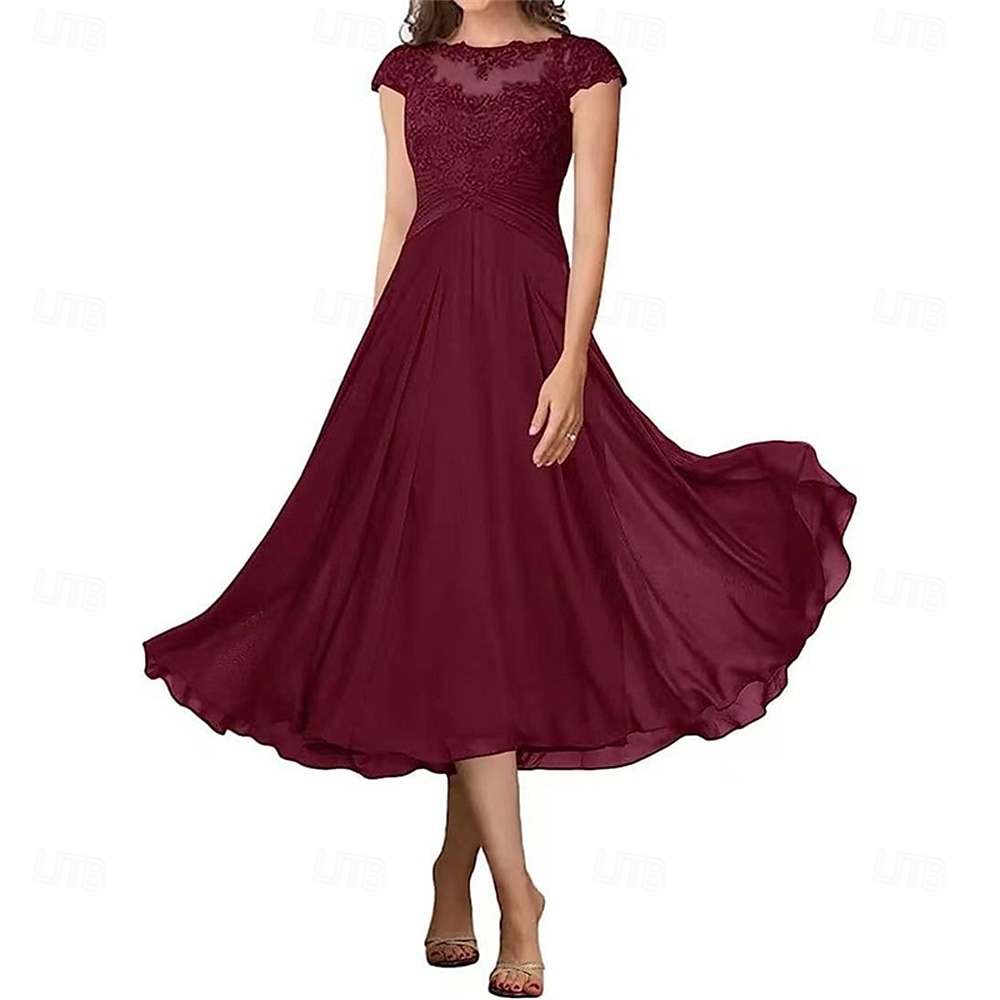 A-Linie Brautmutterkleid Elegant Einfach Rundhalsausschnitt Knöchellänge Chiffon Kurzarm mit Falten Einfarbig 2025 2025 - $119.99 –P17