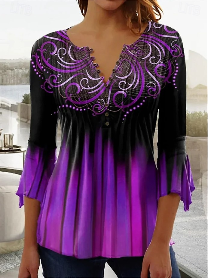 Kvinnors Blus V-hals Ombre Floral Graphic Elegant 3/4 Längd Ärm Vanliga Topp Daglig Ute Knappar Gräsgrön Svart och grå Blå Lila Grön Sommar Vår Höst 2025 - $27.99 –P2