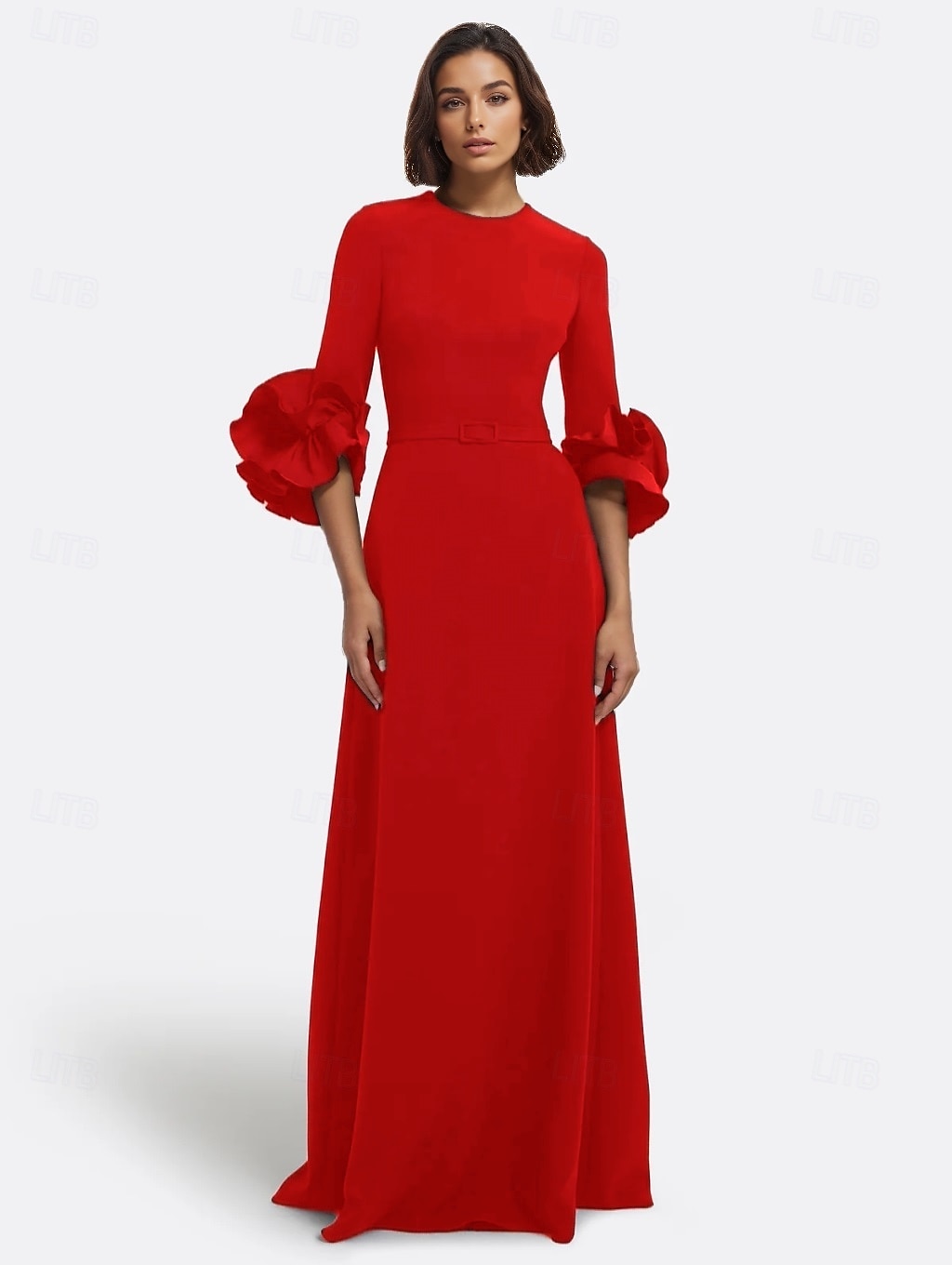 Abito da sera nero a trapezio, elegante, formale, da sposa, lungo fino al pavimento, manica lunga, scollo rotondo, in crêpe elasticizzata con pieghe, 2025 del 2025 a $139.99 –P6