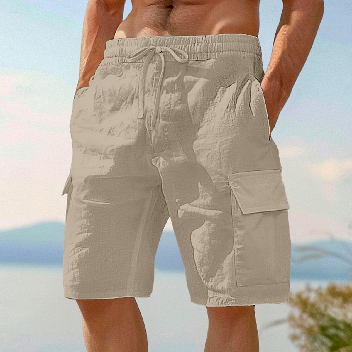Homens Bermuda Cargo Calção Shorts de linho Shorts de verão Shorts de praia Cintura elástica Com Cordão Bolso multi Tecido Comprimento do joelho Ao ar livre Praia Férias Havaiana Preto Branco Sem de 2025 por $22.99 –P7