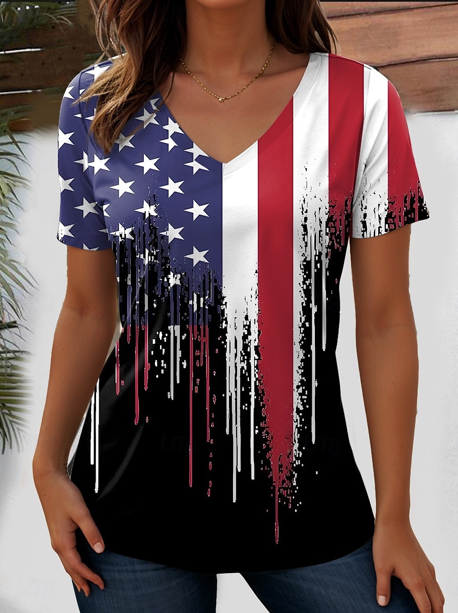 Tricou patriotic pentru femei cu steag steag național stilat casual roșu alb și albastru mânecă scurtă gât în V regular imprimeu zilnic albastru vară primăvară 2025 - $19.99 –P8
