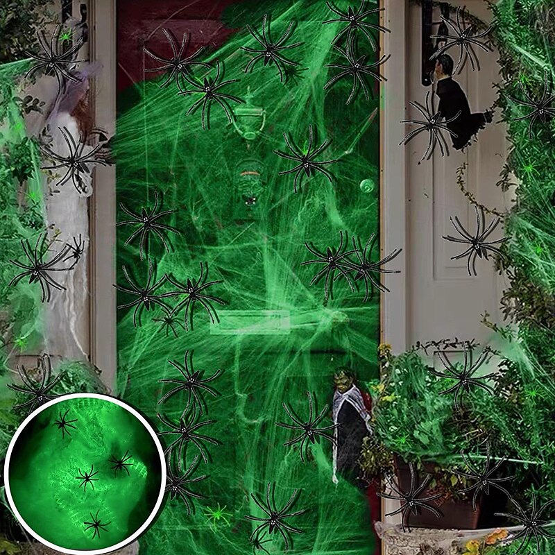 Halloween hohtaa pimeässä hämähäkinseittiä ja ylimääräisiä väärennettyjä hämähäkkejä Halloween ulkovalaistuskoristeet sisä- ja puutarhaan Kummitustalon juhlatarvikkeet 2025 - $9.49 –P8