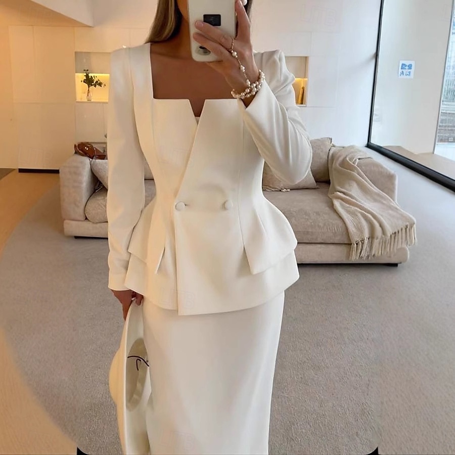 Zweiteilig Meerjungfrauenschnitt Brautmutterkleid Formell Elegant Einfach Minimalistisch Quadrathals Tee-Länge Krepp Stretchstoff Langarm mit Einfarbig 2025 2025 - $139.99 –P1