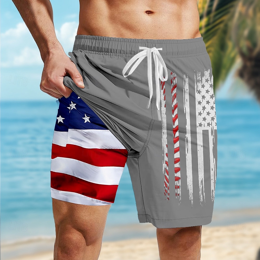 2025年 アメリカ独立記念日 男性用 愛国 米国旗 裏地付きショートパンツ 2 in 1 スイムショーツ スイムトランク ミディアムウエスト 祝日 サイドポケット コンプレッションライナー付き 伸縮性のあるドローストリングウエスト デザイナー 衣類 コレクション – $21.99 –P7