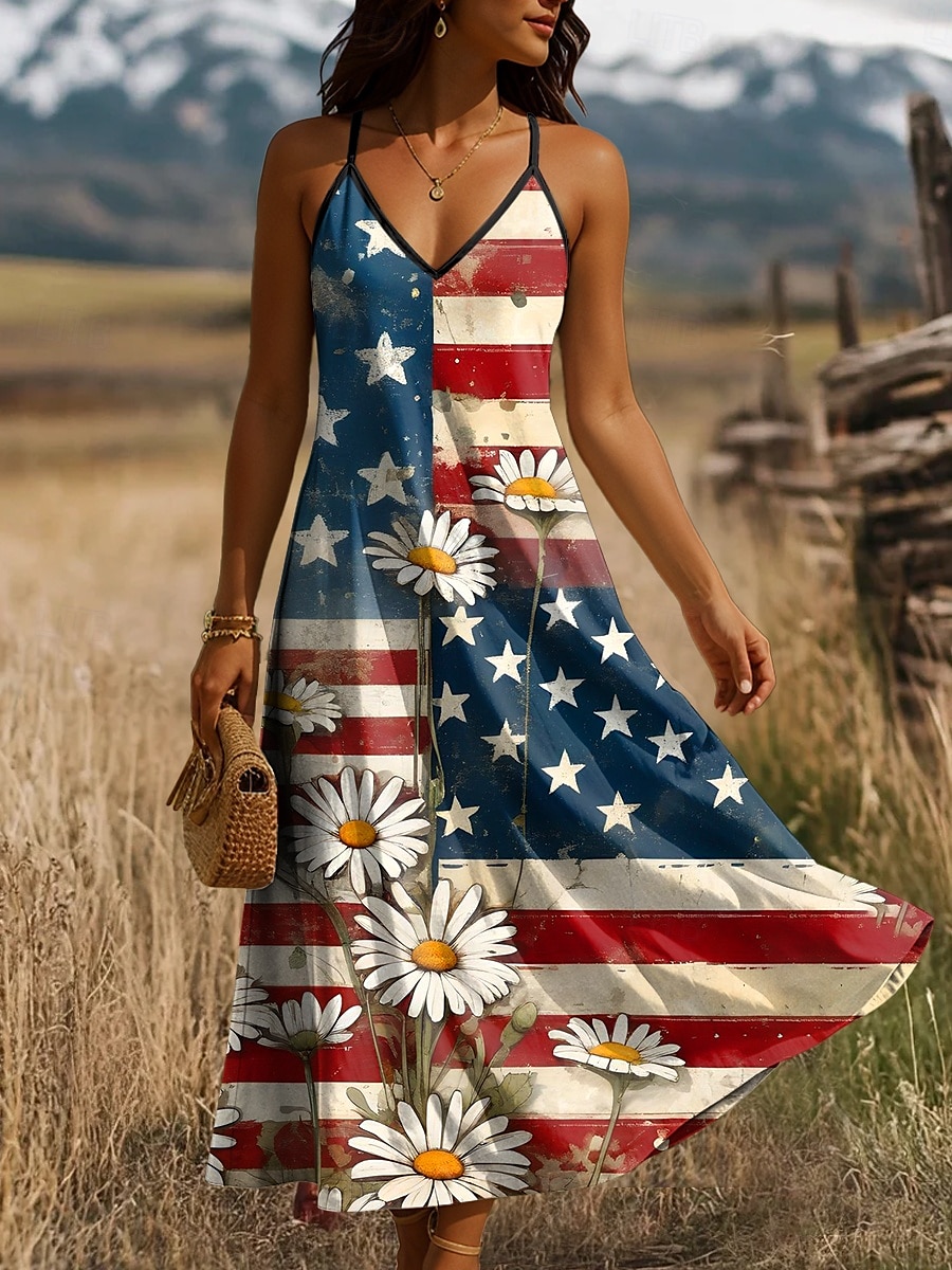 Rochie maxi patriotică pentru femei rochie în linie A rochie tip slip pentru vacanță casual grafic cu steagul american fără mâneci cu decolteu în V bretele spaghetti galben deschis roșu bleumarin 2025 - $27.99 –P4