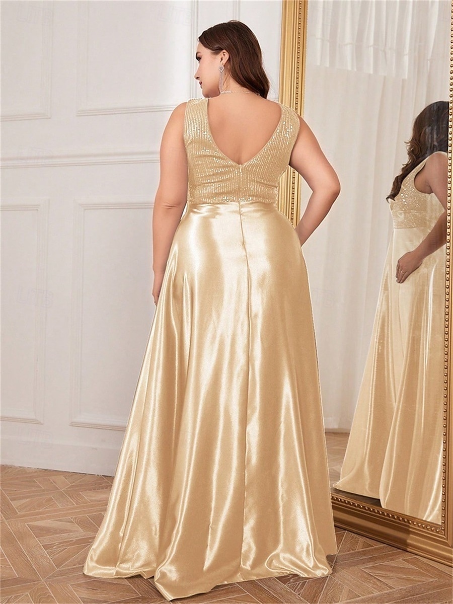A-Line Plus Size Dresses Elegant Curve Dress Formal Wedding Floor Length Sleeveless V Neck Satin V Back with Pleats 2025 - $119.99 –P14