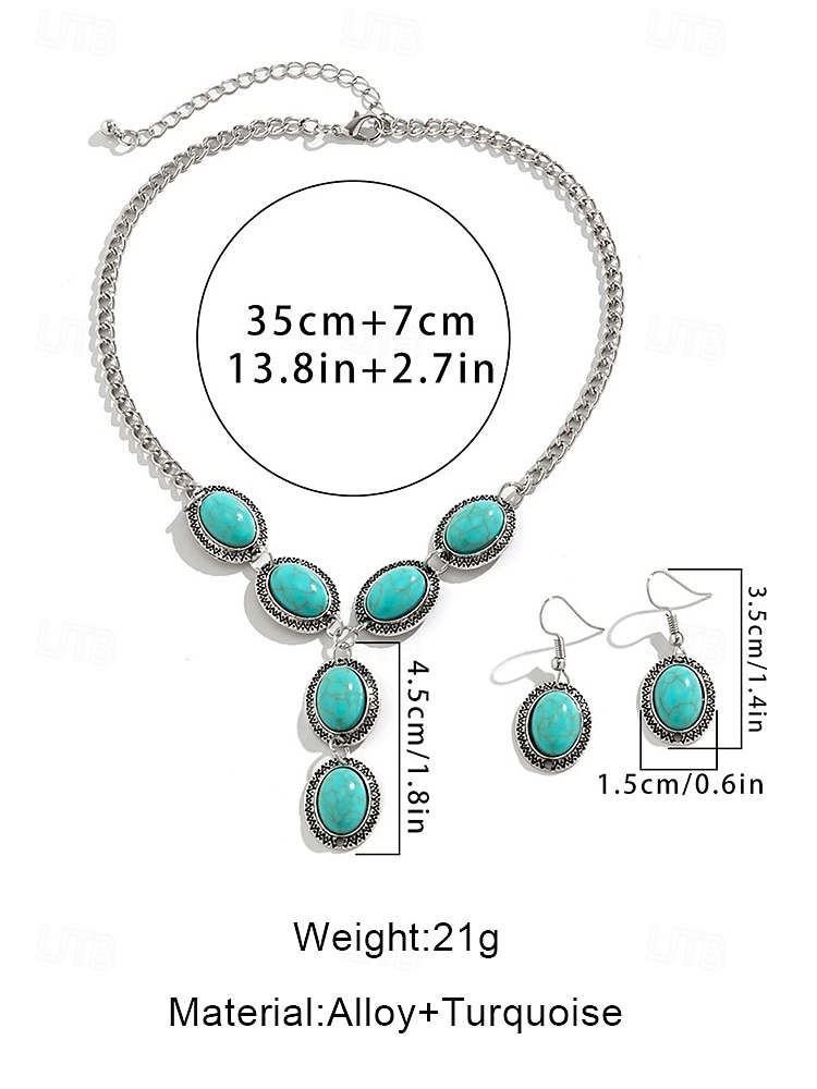 Turquoise statement sieradenset voor dames – vintage verzilverde ovale hangerketting en oorbellen voor boho-stijl, zomerfestivals en strandfeesten 2026 - $9.99 –P5