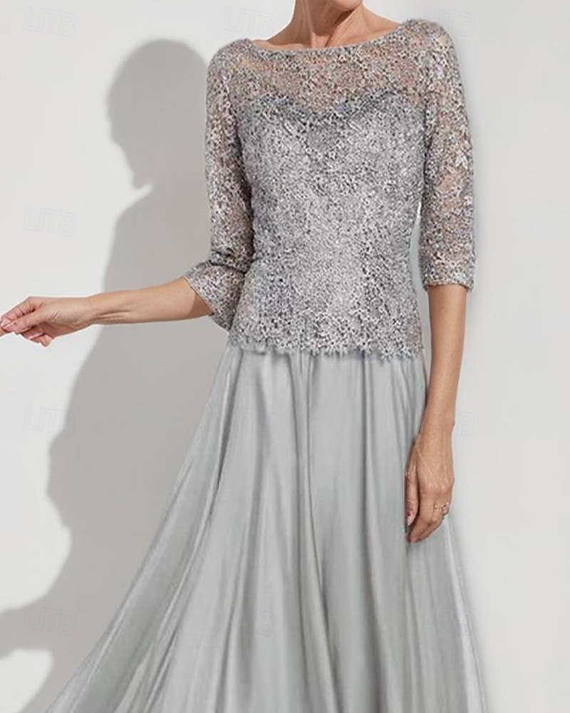 A-Line Mother of the Bride Dress Elegant Simple Minimalist Boat Neck Floor Length Chiffon Half Sleeve with Lace 2025 - $139.99 –P3