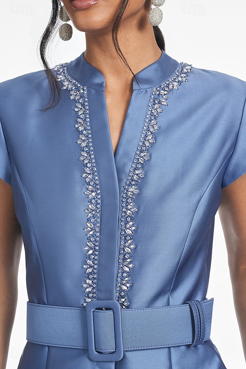 Abito da sera A-Line elegante abito formale per matrimonio lunghezza al pavimento maniche corte colletto camicia in satin con pieghe e cristalli tasche laterali del 2025 a $149.99 –P2