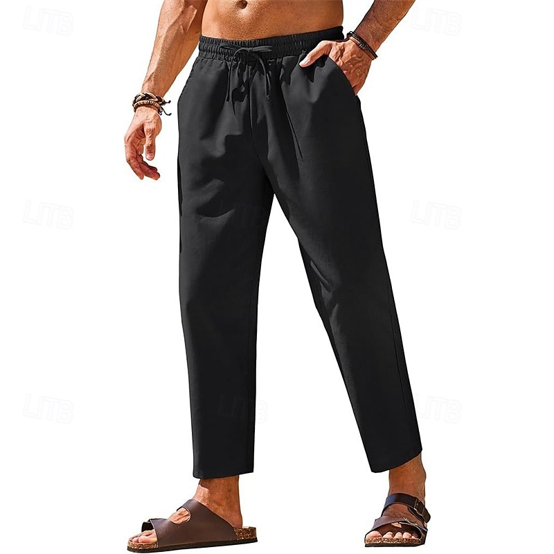 Herr Linne Byxor Långbyxor Sommarbyxor Strandbyxor Ficka Elastisk midja Snörning Slät Komfort Andningsfunktion Semester Dagligen Helgdag Hawaiisk Boho Mörkbrun Svart 2025 - $18.99 –P3
